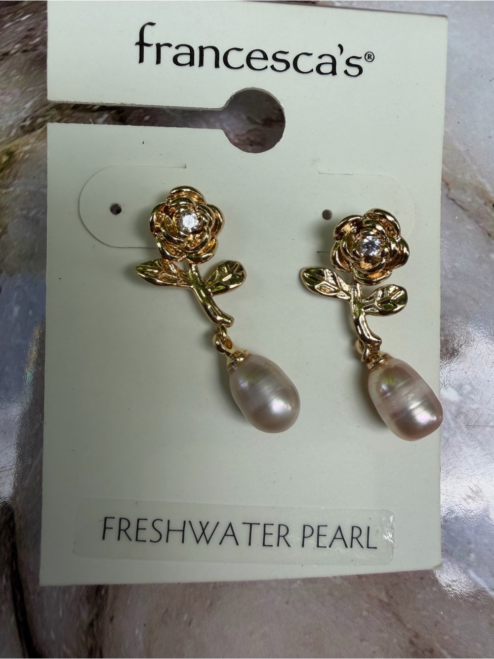 Francesca's Collections Gold Rose Drop Earrings with Pearl Dangles